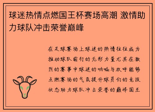 球迷热情点燃国王杯赛场高潮 激情助力球队冲击荣誉巅峰